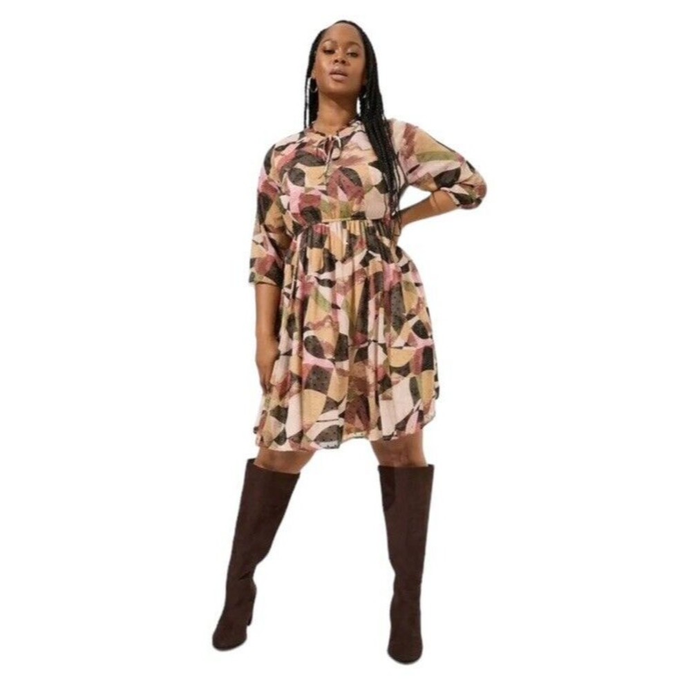 Torrid Mini Clip Dot Front Keyhole Long Sleeve Dress Geo Multicolored Woman’s 3X